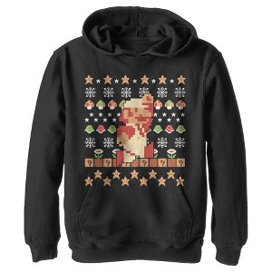 Boy's Nintendo Ugly Christmas Super Mario Pixel Pull Over Hoodie - 1 of 3