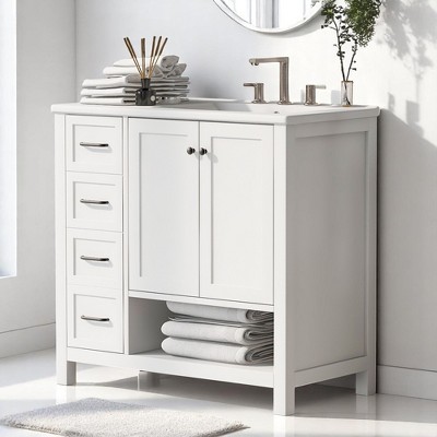 Mshliw 36" Bathroom Vanity with Ceramic Sink, Cabinet with Two Doors, Two Drawers, and Open Shelf, Freestanding Solid Wood Construction