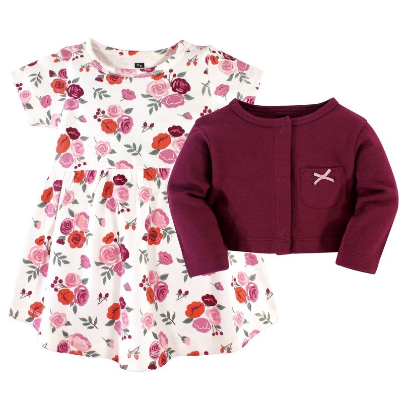 Hudson Baby Infant and Toddler Girl Cotton Dress and Cardigan 2pc Set, Fall Floral, 3 of 6