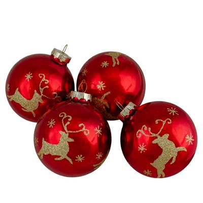 Northlight Set of 4 Red and Gold Deer Glass Ball Christmas Ornaments 3.25-Inch (80mm)