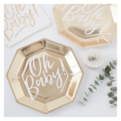 8ct "Oh Baby" Foiled Paper Plates Gold
