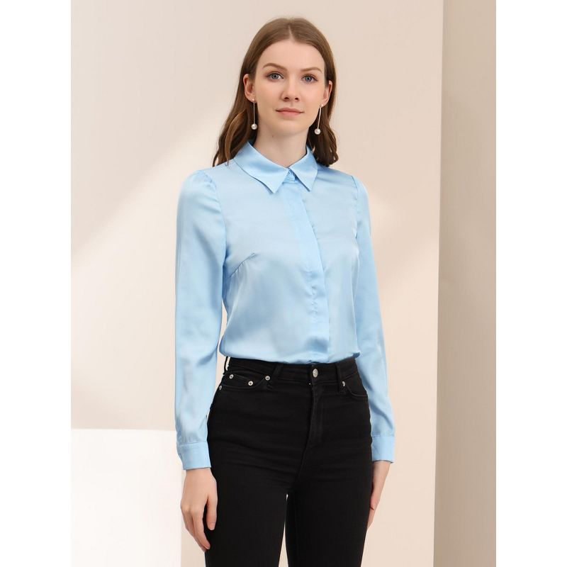 Allegra K Women's Office Satin Tops Collared Professional Long Sleeve Button-up Shirt, 2 of 7