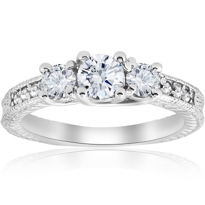 Pompeii3 1ct Vintage Diamond Three Stone Engagement Ring 14K White Gold