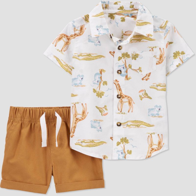 Carter's Just One You® Baby Boys' Safari Top & Bottom Set - White/Brown, 1 of 7