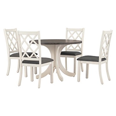 5-Piece Round Dining Table Set with Upholstered Chairs - Solid Wood Kitchen Furniture for Small Spaces - Walnut and Beige Color Scheme