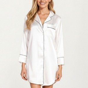 Anna-Kaci Lounge Women's Satin Button-Front Sleep Shirt with Contrast Piping Trim and Relaxed Long Sleeve Silhouette - 1 of 4
