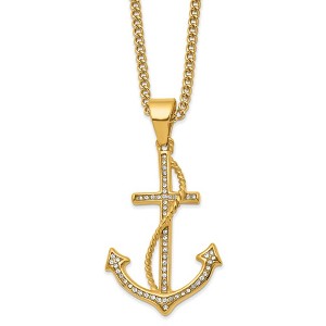 Chisel Stainless Steel Yellow IP-plated with Crystal Anchor Pendant on a 24" Curb Chain Necklace - 1 of 1