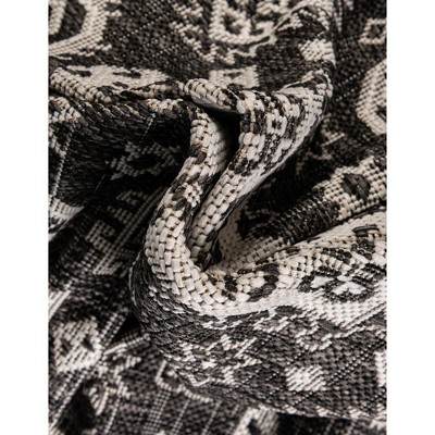 Charcoal Gray and Ivory 8 ft Square Outdoor Aztec Rug
