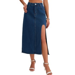 INSPIRE CHIC Women's Denim High Waist A-Line Thigh Split Midi Skirt - 1 of 4