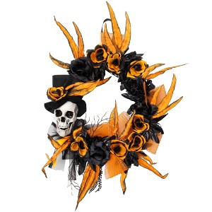 Northlight Skull with Black and Orange Roses Halloween Wreath - 14" - Unlit - 1 of 4
