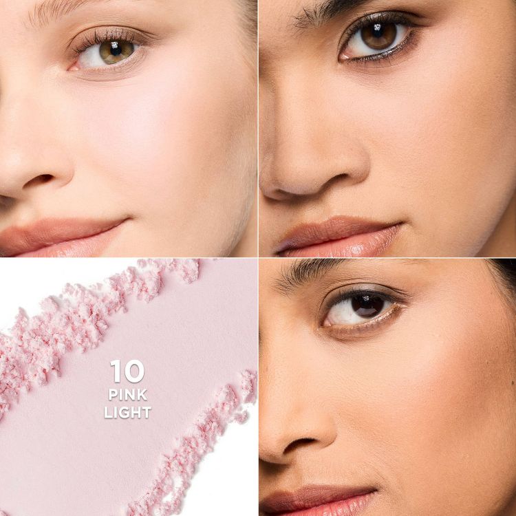 Four-panel collage: Top-left, fair skin with subtle pink glow. Top-right, medium skin tone with natural finish. Bottom-left, a light pink powder swatch labeled "10 PINK LIGHT." Bottom-right, a medium skin tone face with a smooth, blurred finish.