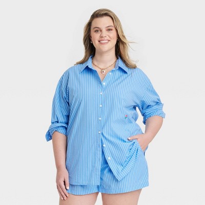 Women's Oversized Long Sleeve Collared Button-Down Shirt - Universal Thread™ Blue Striped 3X