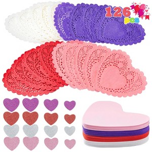 Joyfy 126+ Pcs Valentines Day Craft Gift Set with 100 Heart Doilies, 24 Pcs Foam Hearts & 2 Bags of Foam Heart Stickers for Kids - 1 of 4