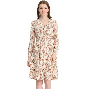 Allegra K Women's Floral Print V-Neck Smocked Waist Midi Dress - 1 of 4