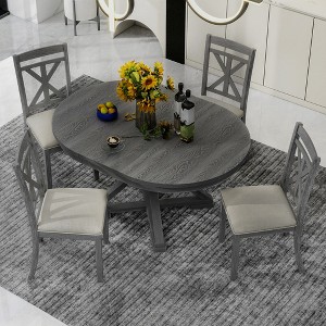 ModernLuxe 5 Piece Extendable Dining Table Set for 4, Farmhouse Dining Set with 4 Upholstered Dining Chairs, Vintage Retro, Brown+Antique White/Grey - 1 of 4