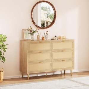Jojoka Rattan 6 Drawer Dresser, Wide Modern Chest of Drawers with Gold Handles & Legs, Wooden Storage Organizer for Bedroom, Living Room - 1 of 4