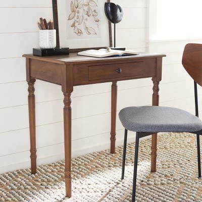 Arina Brown Wood Spindle Leg Writing Desk with Drawer