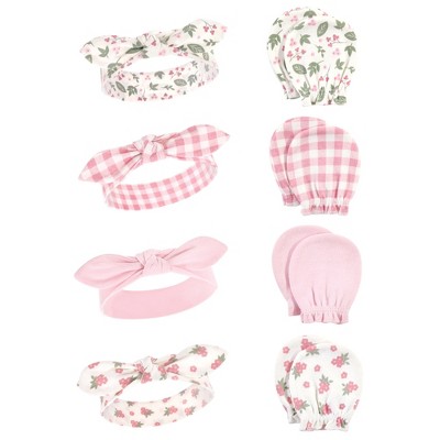 Hudson Baby Infant Girl Cotton Headband and Scratch Mitten Set, Gingham Floral, 0-6 Months