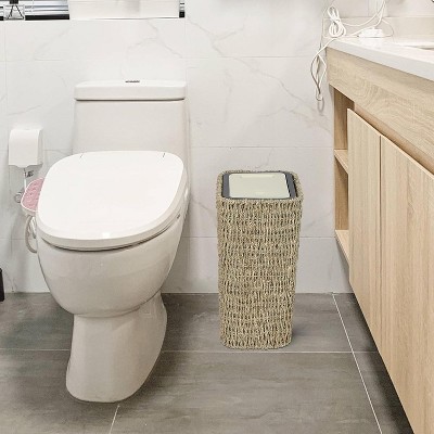 Vynxaria Boho Trash Can with Lid, 2.6 Gallon Rattan Waste Basket with Press Top, Slim Wicker Hamper for Bathroom, Kitchen, Living Room, Bedroom