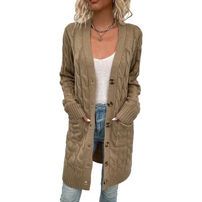 Coolmee Womens Long Sleeve Cable Knit Long Cardigan Casual Fall Winter Chunky Open Front Button Sweaters with Pockets