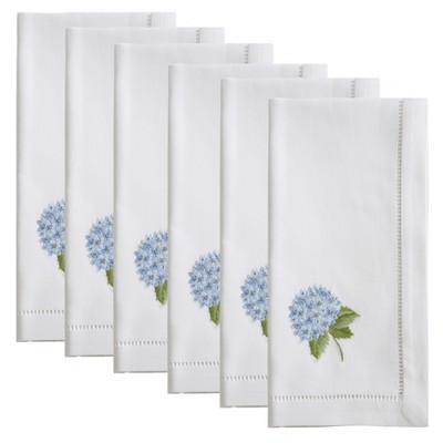 White Cotton Napkins with Blue Hydrangea Embroidery, Set of 6