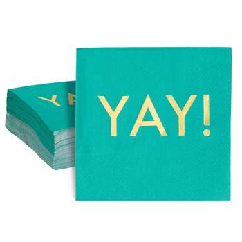 Blue Panda 50 Pack Teal Paper Napkins with Gold Foil YAY for Party Supplies, 3-Ply, 5x5 In