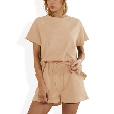 Anna-Kaci Women's Short Sleeve Crew Neck Lounge Set with Drawstring Waist Shorts