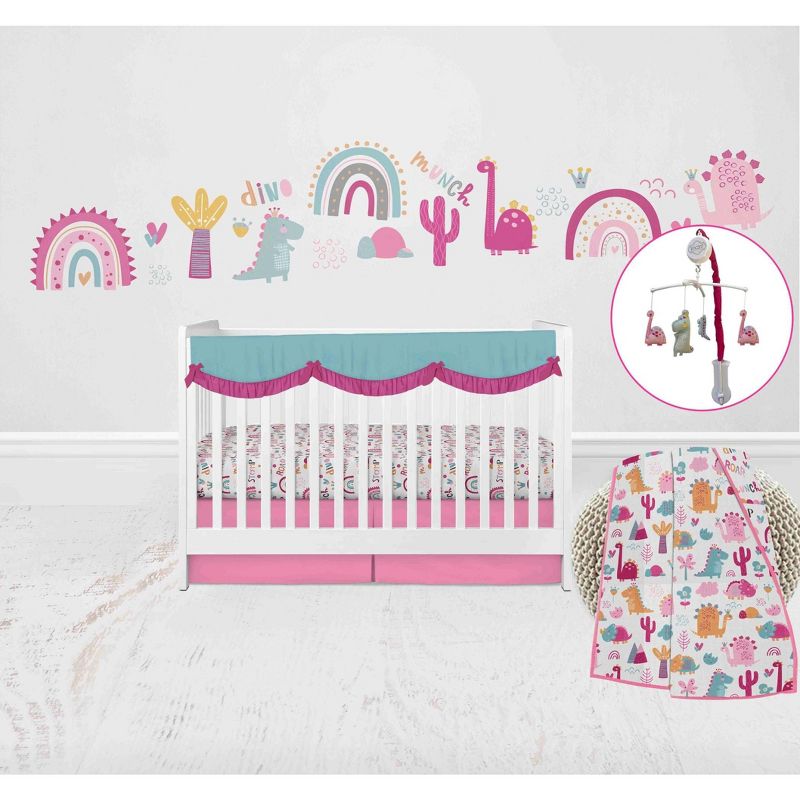 Bacati - Little Dino Girls Fuchsia/Aqua Muslin 6 pc Crib Bedding Set with Crib Musical Mobile, 1 of 12