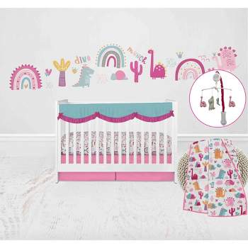 Bacati - Little Dino Girls Fuchsia/Aqua Muslin 6 pc Crib Bedding Set with Crib Musical Mobile