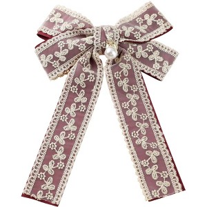 INSPIRE CHIC Women's Ribbon Lace Brooch Bow Vintage Tie Pin Clip Bow Tie with Pearls - 1 of 4