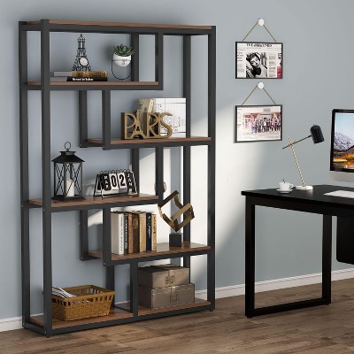 69" Walnut and Black Industrial 6-Tier Bookshelf with Staggered Shelves