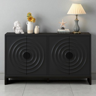 Sideboard Storage Cabinet with Water Wave Textured Doors, Rubberwood Veneer, Adjustable Shelves, Wooden Buffet Console for Dining Room or Kitchen