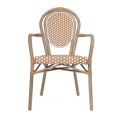 Natural & White Wicker Rattan Outdoor Bistro Chair with Arms