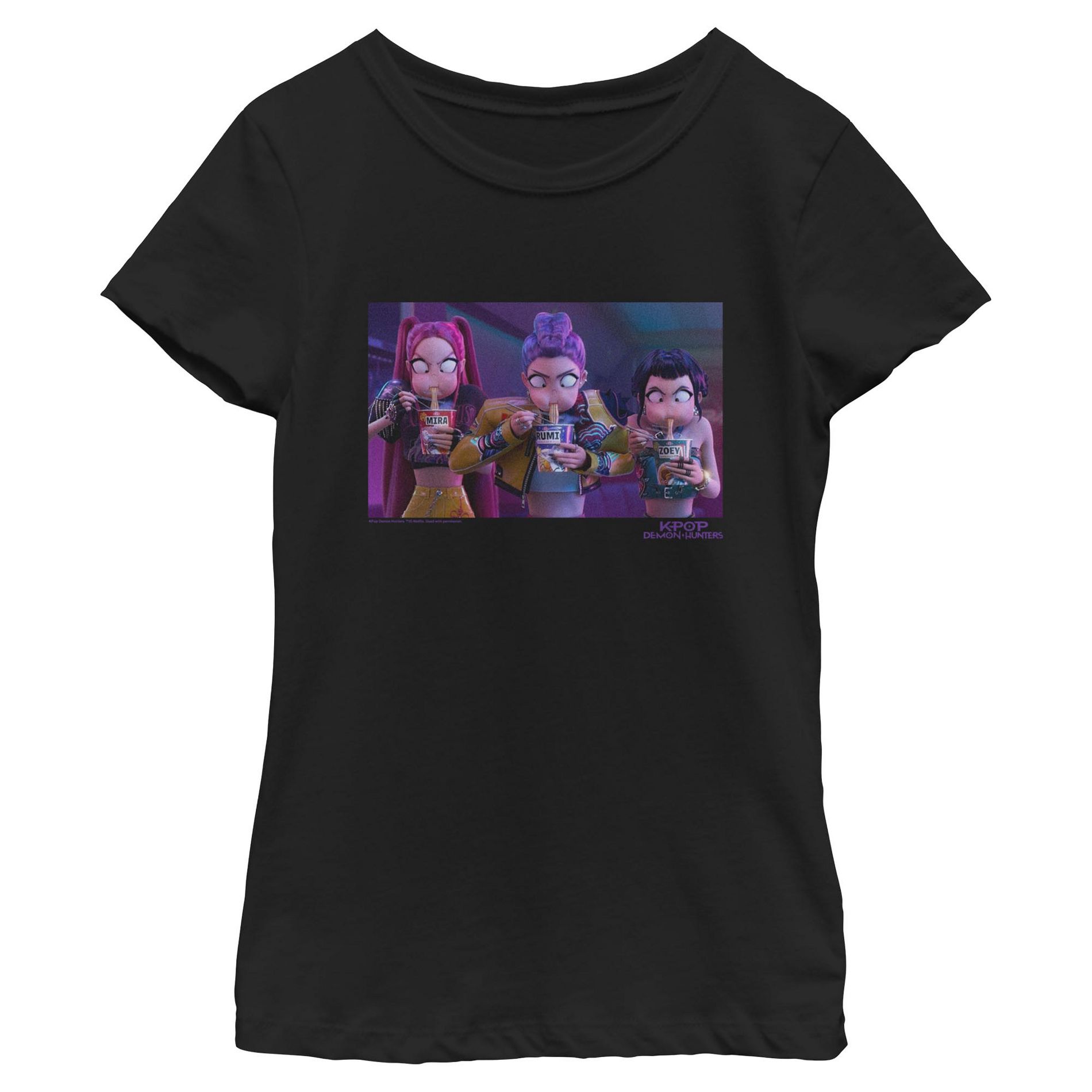 Girls KPop Demon Hunters Rumi, Mira and Zoey Ramyeon T Shirt - Black - Large