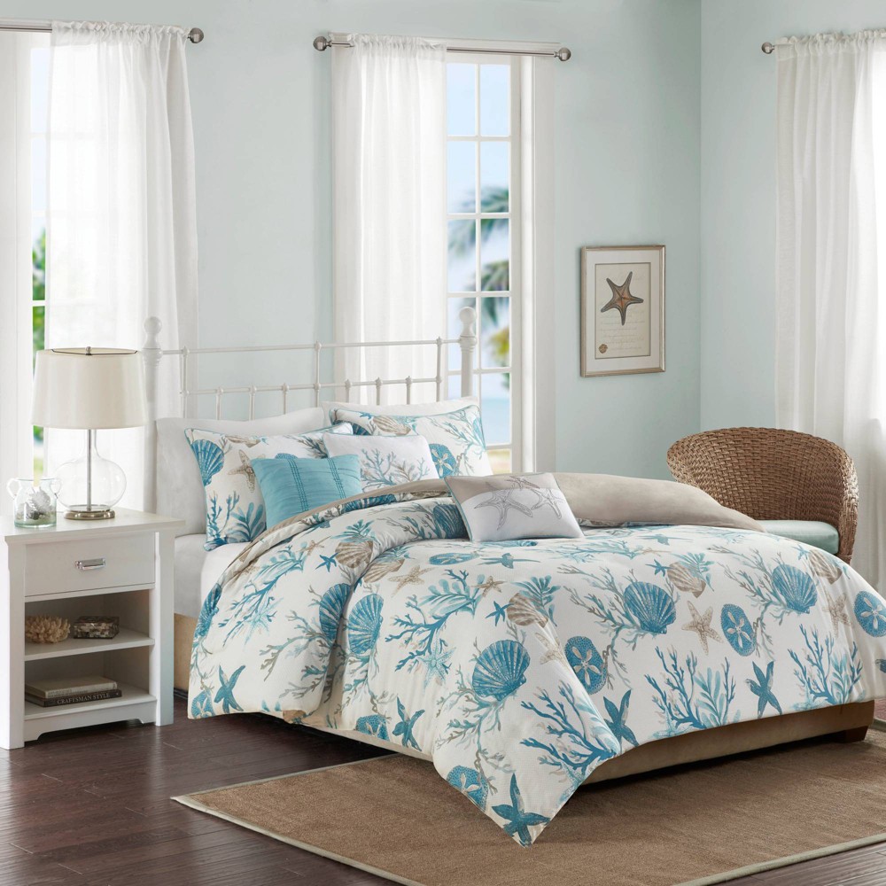 Photos - Bed Linen Madison Park 6pc Full/Queen Ocean View Cotton Sateen Duvet Cover Set Aqua