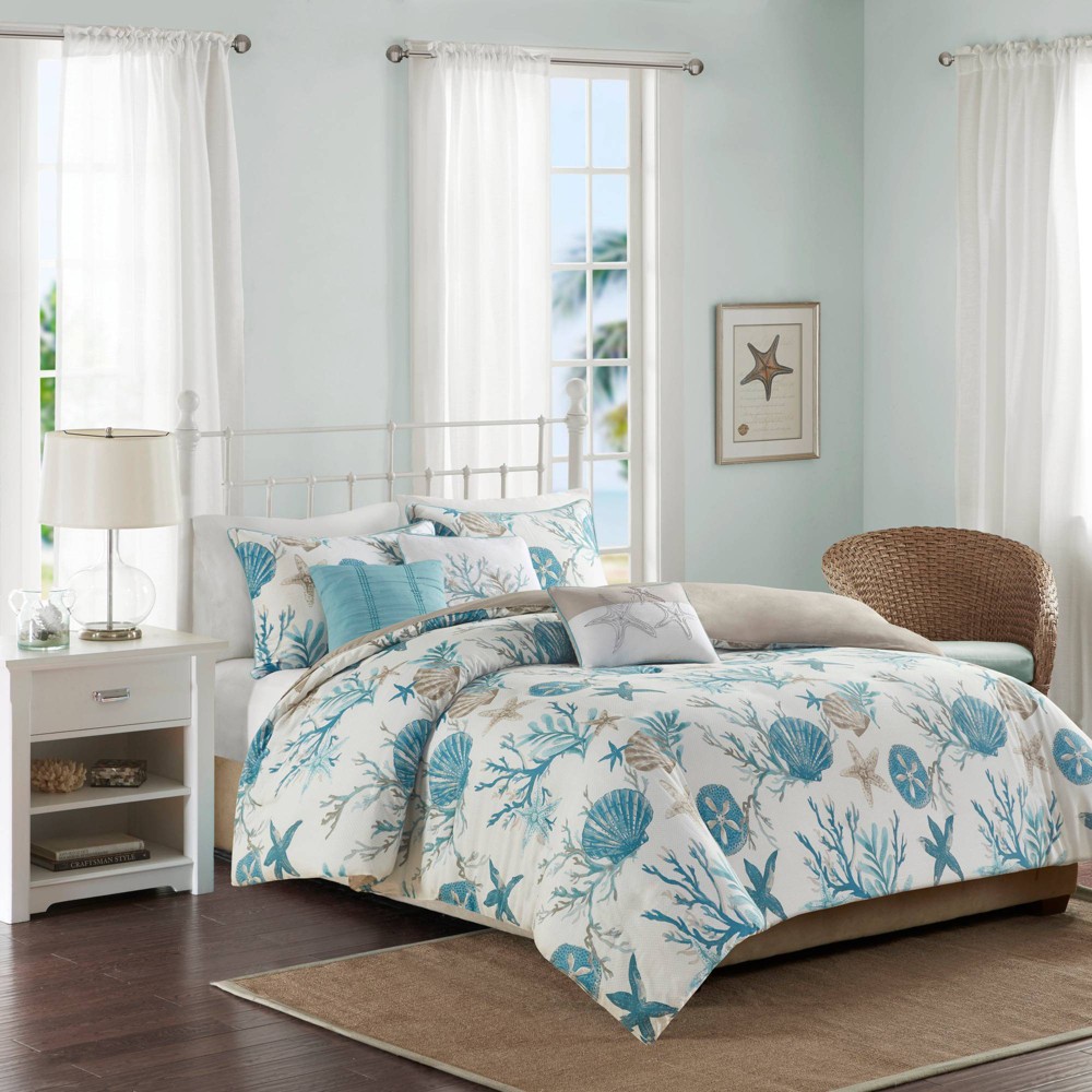 Photos - Bed Linen Madison Park 6pc King/California King Ocean View Cotton Sateen Duvet Cover Set Aqua: Coastal Style, 210 Thread Count, OEKO-T