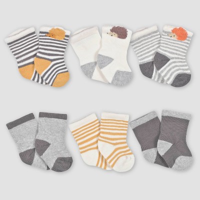 Image of Gerber Baby Boys' 6pk Jersey Wiggle Proof Hedgehog Socks - Gray/Yellow/Navy Blue