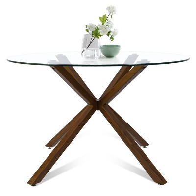 39'' Oliver Crossroads Round Pedestal Metal Legs With Clear Tempered Transparent Glass Tabletop -Maison Boucle