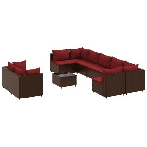 vidaXL 10 Piece Patio Sofa Set with Cushions Brown and Red Poly Rattan - 1 of 4