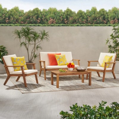 4-Piece All-Weather Wood Patio Conversation Set with Cushions, Outdoor Seating Furniture for Deck, Porch or Backyard – The Pop Home