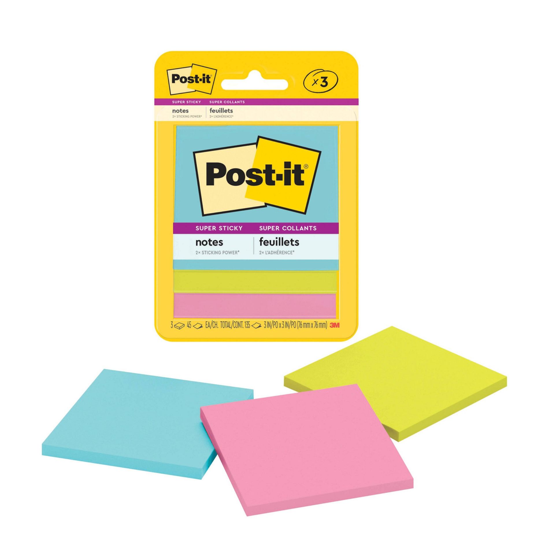 Post-it 3pk 3" x 3" Super Sticky Notes 45 Sheets/Pad - Miami Collection: Multicolor 3x3 Sticky Notes, Art & Design Theme