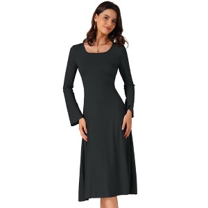 INSPIRE CHIC Women's Knit Midi A-Line Drawstring Back Square Neck Long Sleeve Dresses - 1 of 4