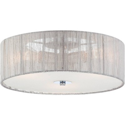 Possini Euro Design Modern Ceiling Light Flush Mount Fixture Chrome 16" Wide Silver Fabric Drum Shade for Bedroom Kitchen Hallway