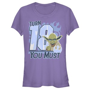 Juniors Womens Star Wars Yoda Turn 18 You Must Rebel Logo Portrait T-Shirt - 1 of 3