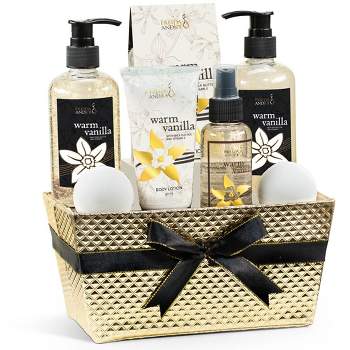 Freida & Joe  Warm Vanilla Fragrance Bath & Body Collection in Gold Basket Gift Set Luxury Body Care Mothers Day Gifts for Mom