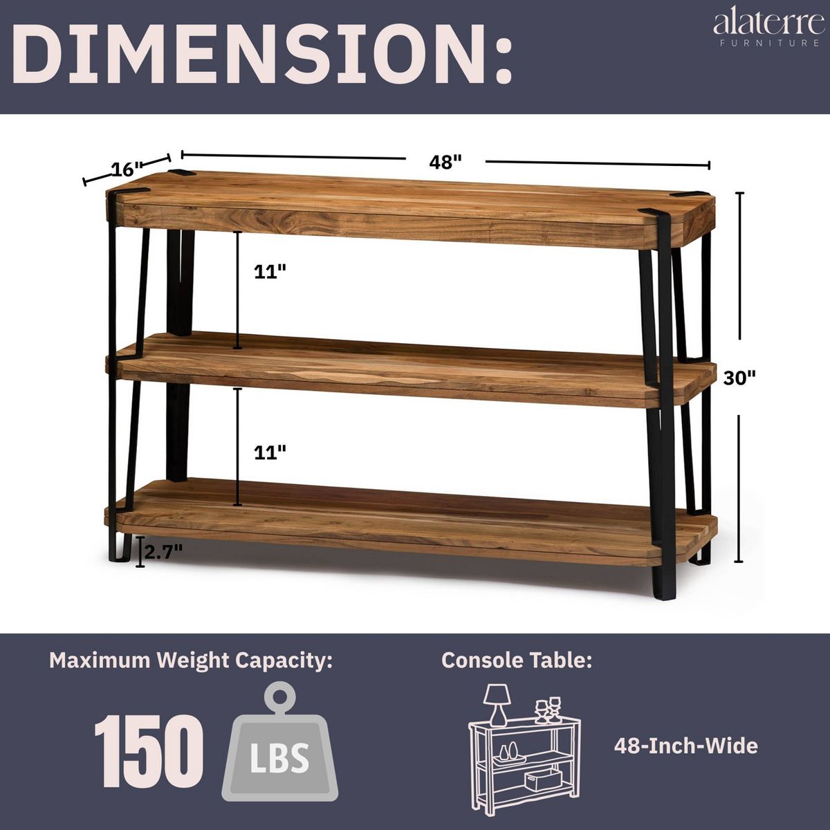 Alaterre Furniture Ryegate Metal And Wood TV Stand for TVs up to 55" Natural Brown: Media Console with Open Back, Acacia Surface - thumbnail 4