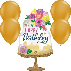 LoonBalloon Elegant Cake on Gold Stand Birthday Balloon with 4 latex balloons- Festive & Unique - 1 of 4