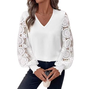 V Neck Tops for Women Fall Clothing 2026 White Shirts Fashion Patchwork Lace Long Sleeve Tops Elegant Blouse