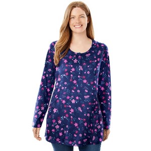 Woman Within Plus Size Perfect Printed Long-Sleeve Henley Tee - 1 of 4