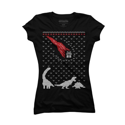 Junior's Design By Humans Dinosaur Comet Christmas Sweater By shirtpublic T-Shirt